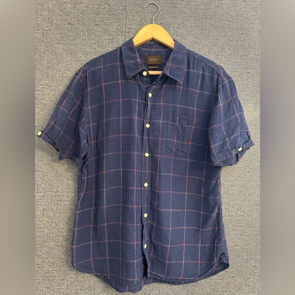 Jachs New York Navy Short-Sleeve Windowpane Button-Down Shirt 100 Linen Mens M